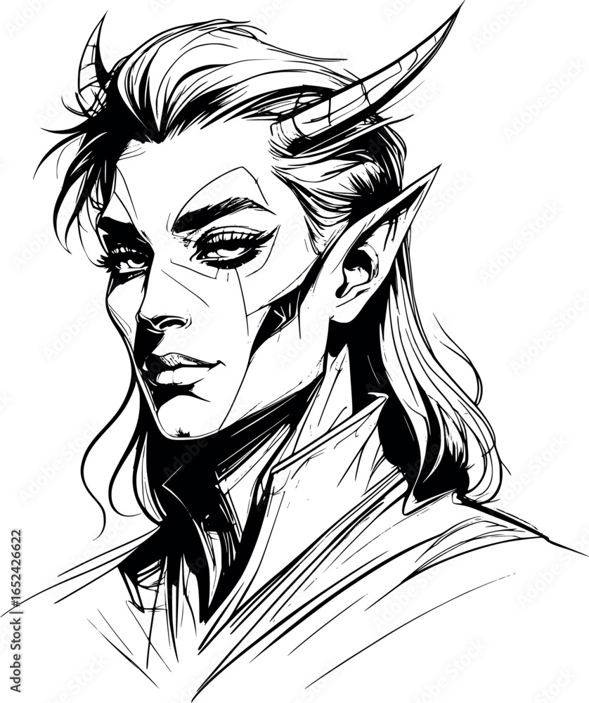 Poster fantasy character portrait sketch. abstract surreal face in vector line art.