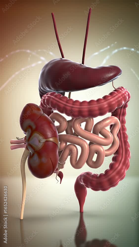 Poster stylized human organs kidney liver and intestines double helix on gradient background hexagonal cell