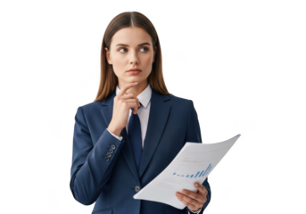 Thoughtful businesswoman analyzing data and charts for strategic planning and decision making, isolated on transparent background