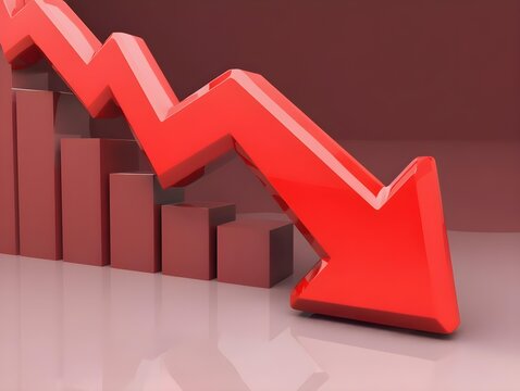 3d render of a red arrow pointing diagonally downwards symbolizing financial loss, fail,  negative trend or decline. The background consist of a blurred glowing red financial bar chart.