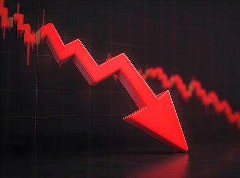 3d render of a red arrow pointing diagonally downwards symbolizing financial loss, fail,  negative trend or decline. The background consist of a blurred glowing red financial bar chart.