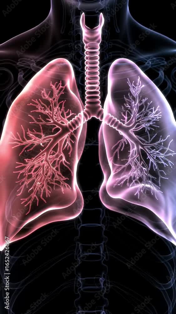 Poster stylized lungs pulses in translucent crystal animation with hexagonal cellular backdrop in teal and 