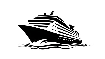 Filled black icon of cruise ship on water, transparent background