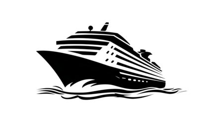 Filled black icon of cruise ship on water, transparent background