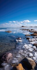 Fototapeta premium Tranquil coastal scene with melting ice, clear water reflecting a distant landmass under a vibrant blue sky