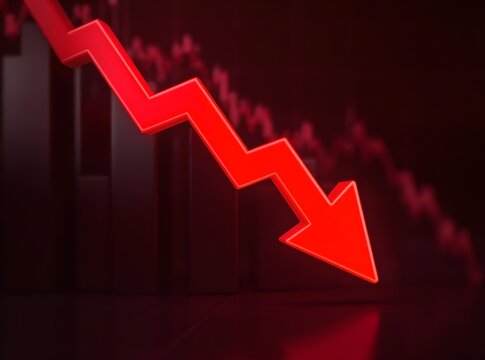3d render of a red arrow pointing diagonally downwards symbolizing financial loss, fail,  negative trend or decline. The background consist of a blurred glowing red financial bar chart.