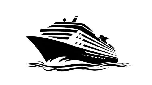 Filled black icon of cruise ship on water, transparent background