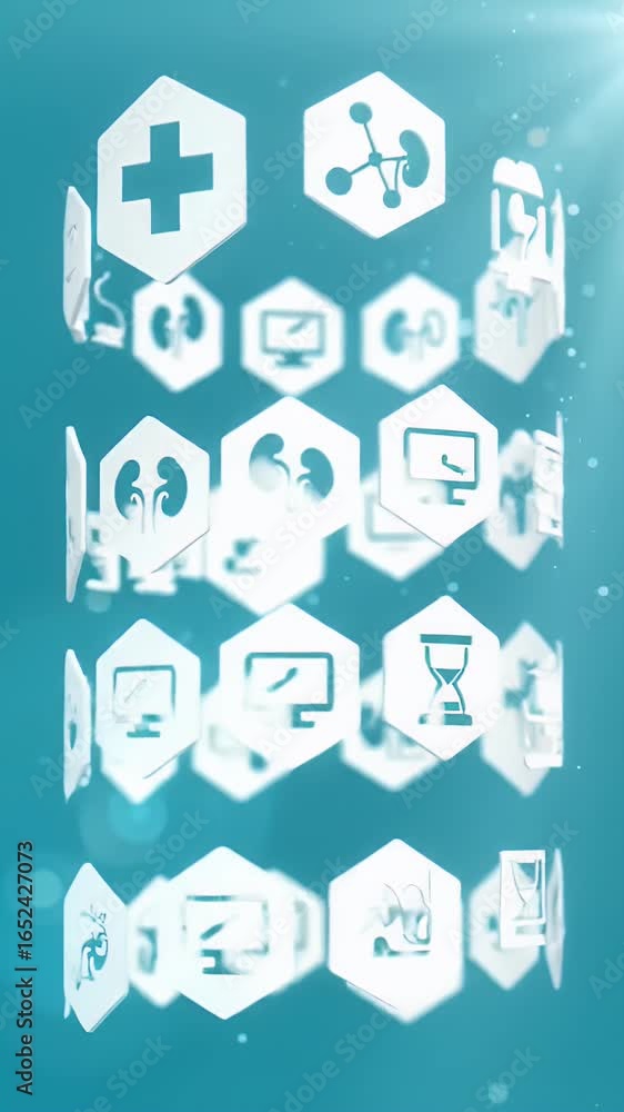 Poster swirling white hexagonal icons vortex animation on teal background with subtle lens flare and futuri