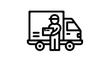 Filled black icon of driver holding package near truck, transparent background