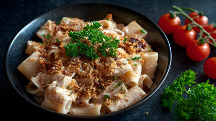 A black bowl overflows with creamy macaroni pasta, topped with golden breadcrumbs and a sprig of fresh parsley. Juicy cherry tomatoes in the background add a pop of color to this delicious dish.