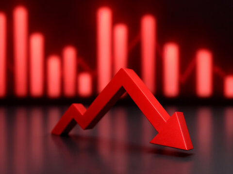 3d render of a red arrow pointing diagonally downwards symbolizing financial loss, fail,  negative trend or decline. The background consist of a blurred glowing red financial bar chart.