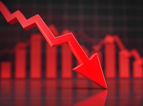 3d render of a red arrow pointing diagonally downwards symbolizing financial loss, fail,  negative trend or decline. The background consist of a blurred glowing red financial bar chart.