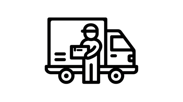 Filled black icon of driver holding package near truck, transparent background