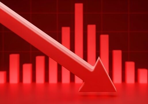 3d render of a red arrow pointing diagonally downwards symbolizing financial loss, fail,  negative trend or decline. The background consist of a blurred glowing red financial bar chart.