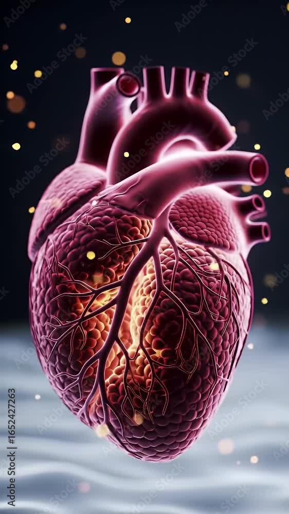 Poster textured anatomical heart with gradient lighting and golden bokeh on dark backdrop