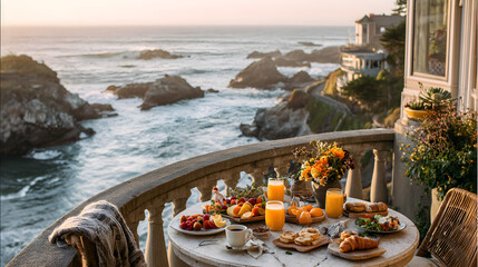 A cozy breakfast table on a balcony overlooks a stunning ocean view. Plates feature fresh fruit, toast, and pastries, accompanied by steaming coffee and orange juice, creating a serene morning vibe.