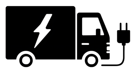 Filled black icon of electric delivery truck charging at station, transparent background