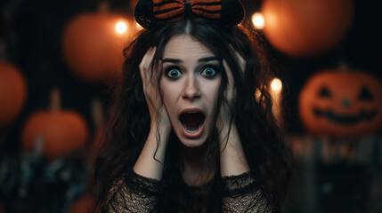 A terrified woman with wide eyes and a horrified expression, embodying the spooky essence of Halloween on pumpkins  background
