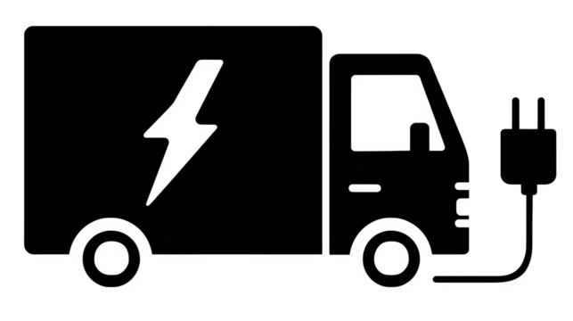 Filled black icon of electric delivery truck charging at station, transparent background