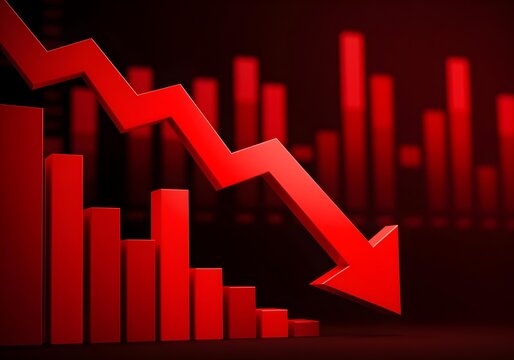 3d render of a red arrow pointing diagonally downwards symbolizing financial loss, fail,  negative trend or decline. The background consist of a blurred glowing red financial bar chart.