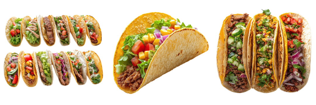 Set of delicious tacos with different fillings isolated on transparent background PNG