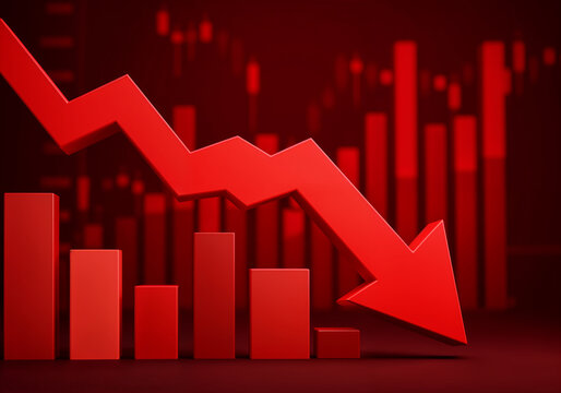 3d render of a red arrow pointing diagonally downwards symbolizing financial loss, fail,  negative trend or decline. The background consist of a blurred glowing red financial bar chart.