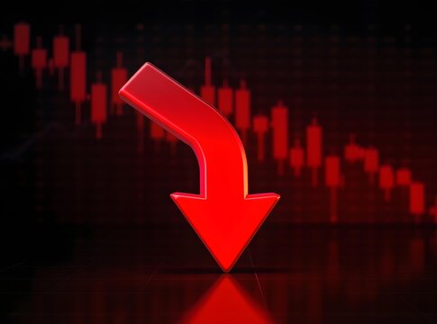 3d render of a red arrow pointing diagonally downwards symbolizing financial loss, fail,  negative trend or decline. The background consist of a blurred glowing red financial bar chart.