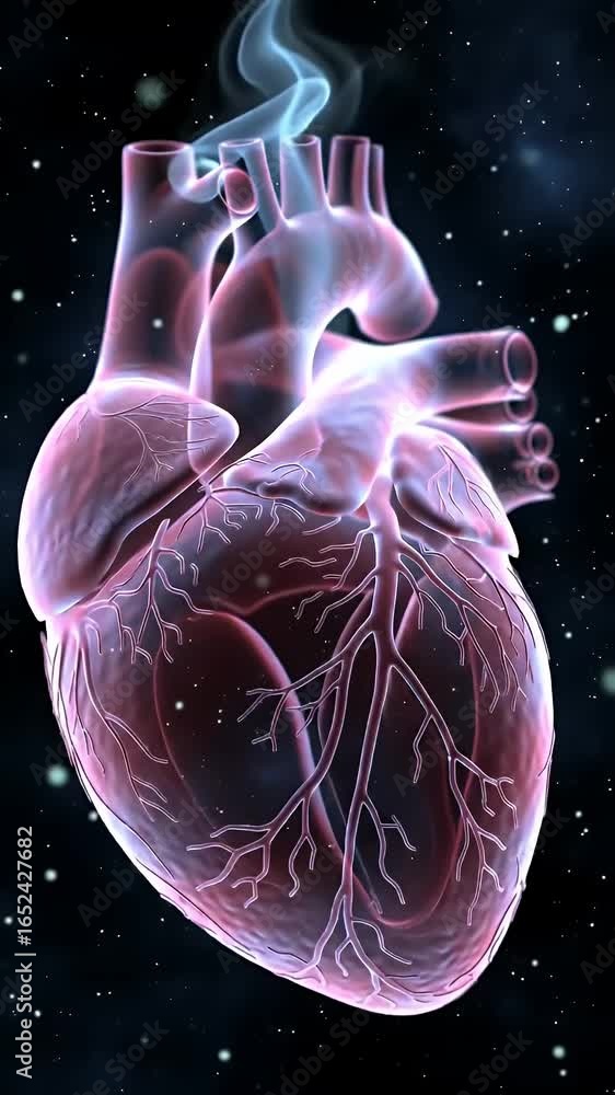 Poster translucent anatomically correct human heart rotating with red glow on black background