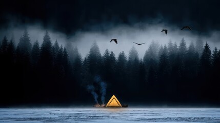 Glowing tent amidst foggy winter woods during nighttime, ideal for camping promotions or fantasy visuals.
