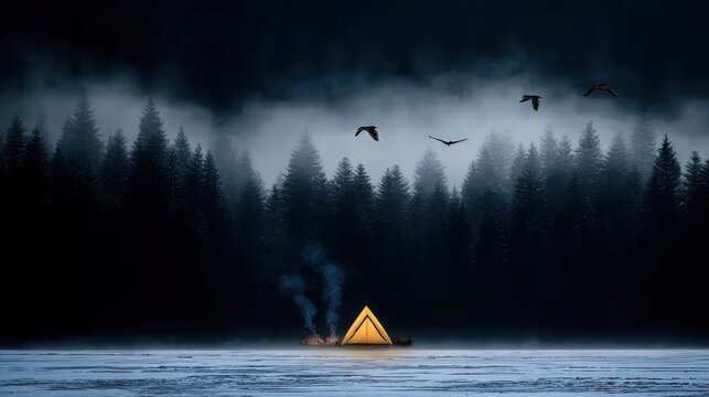 Glowing tent amidst foggy winter woods during nighttime, ideal for camping promotions or fantasy visuals.