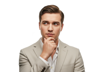 Pensive businessman in suit contemplating, thinking deeply, looking sideways with hand on chin isolated on transparent background