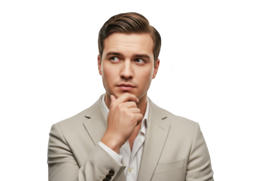 Pensive businessman in suit contemplating, thinking deeply, looking sideways with hand on chin isolated on transparent background