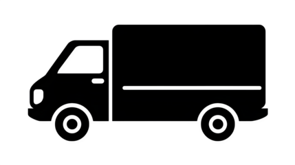 Filled black icon of a delivery van on highway, isolated on transparent background