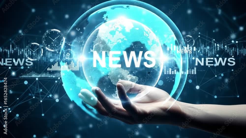 Poster hand holding a globe with news text overlay and digital network connections in the background