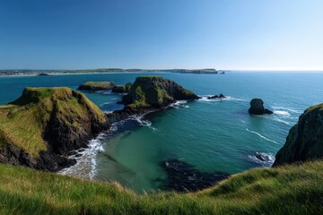 Fototapeta premium Coastal View Of Irish Bay With Green Grassy Hillside And Rocky Shore