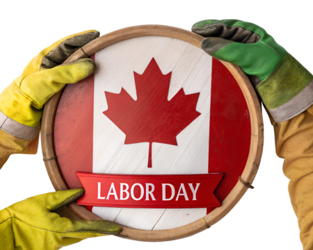 Canadian Labor Day Concept. Hands with protective work gloves holding a cross section of a tree trunk with the flag of Canada with text Labor day. Isolated on white or transparent background. Png.