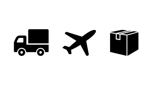 Filled black flat icon set of 3 shipment symbols: truck, plane, box, isolated on transparent background