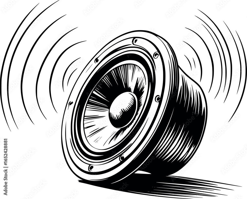 Poster speaker and sound waves sketch. minimalist vector drawing with audio elements.