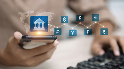 Global digital currency transfer with smartphone and world map