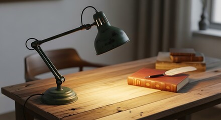 A classic writer's desk illuminated by a vintage lamp, featuring a leather book and a quill pen for storytelling.