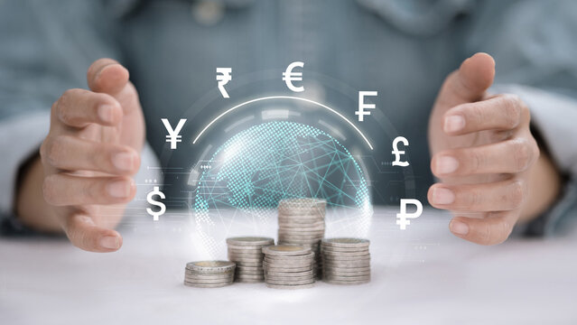 Global financial protection and currency exchange concept with coin stacks - Powered by Adobe