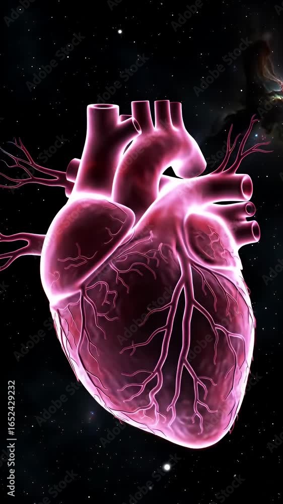 Poster translucent crystal heart slowly rotating against a cosmic nebula backdrop detailed 3d animated sequ