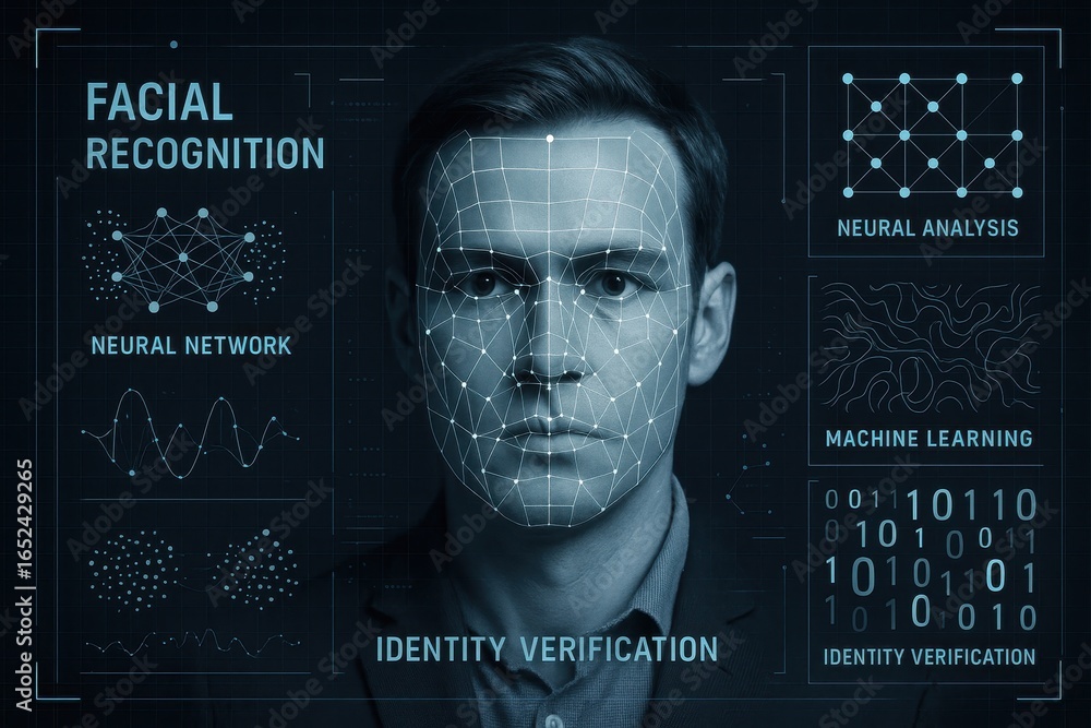 Poster artificial intelligence facial recognition system with neural network pattern analysis
