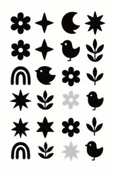 モノクロの花・鳥・月・星アイコンセット ー かわいいシルエット。虹や葉のモチーフを含むアイコン集。ポスター、SNS、バナー、ステッカー、カード装飾に。