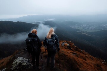Fototapeta premium Adventurous women conquer mountain summit, embracing nature's grandeur amidst serene fog