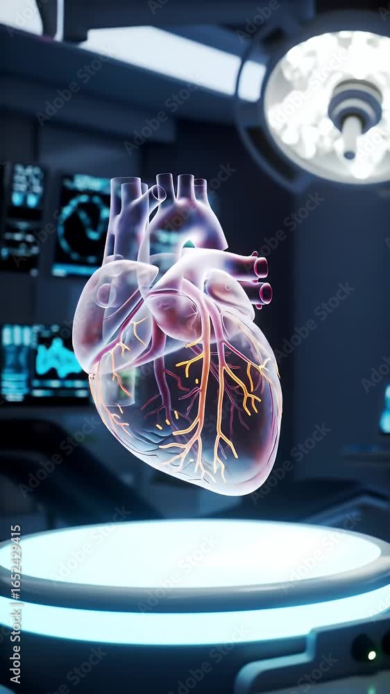 Poster translucent crystal human heart hologram in futuristic operating room with hexagonal structures and 