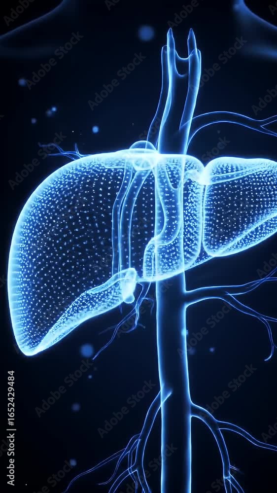 Poster translucent crystal human liver rotating on dark background in three dimensional render