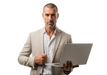 Professional businessman holding laptop in suit, serious expression, technology, business, finance, isolated on transparent background