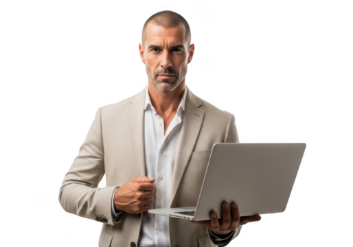 Professional businessman holding laptop in suit, serious expression, technology, business, finance, isolated on transparent background