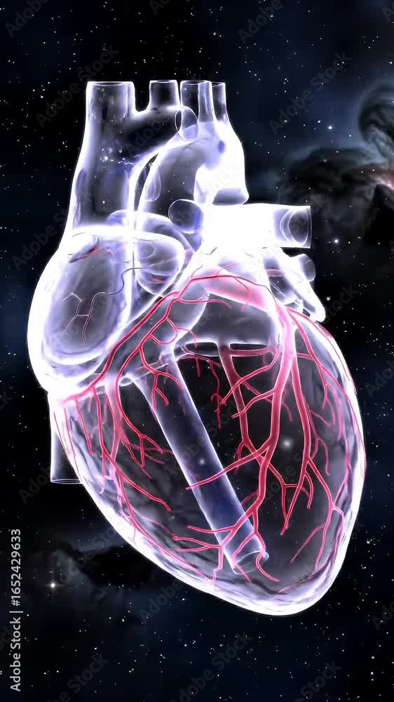 Poster translucent crystalline anatomical heart slowly rotating with hexagonal cellular structures in backg